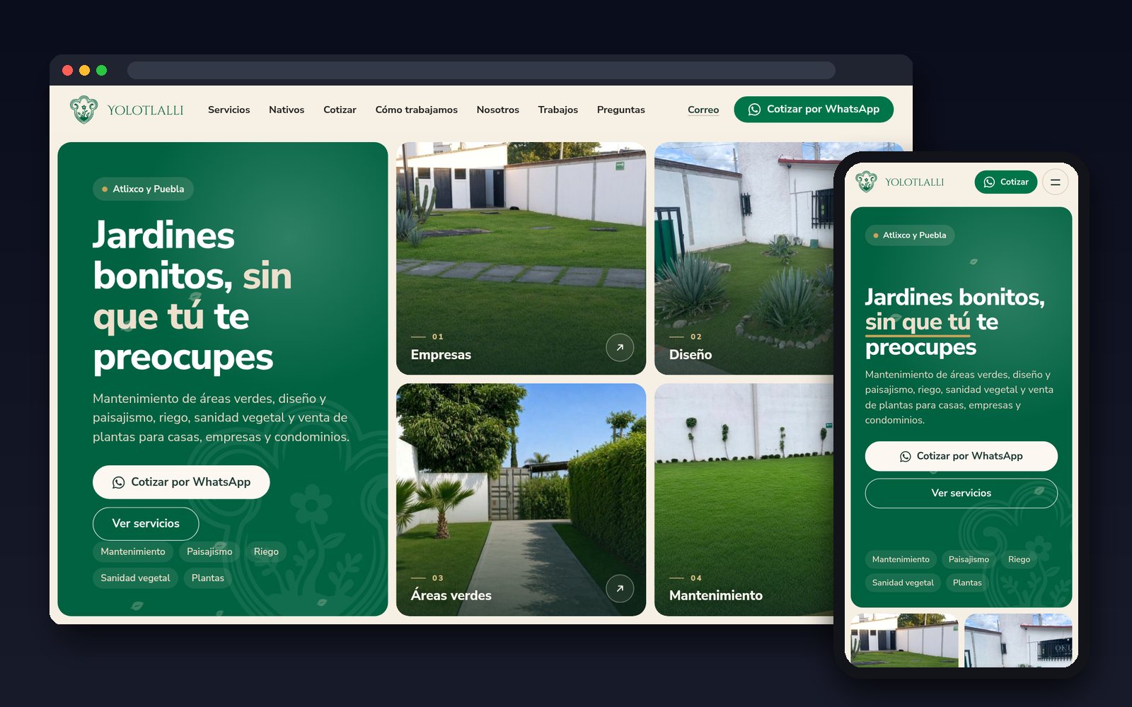 Sitio web de Yolotlalli, jardinería, hecho por Yalla Vision, en computadora y celular